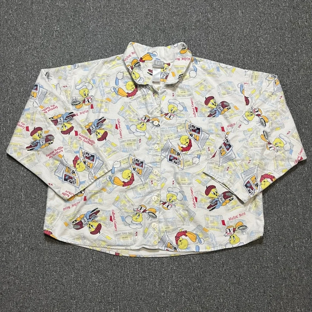 Vintage Y2K 2000‎ Looney Tunes Tweety Bird All Over Print Button Up Shirt